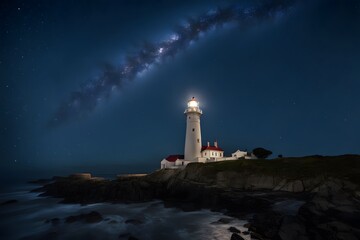 Wall Mural - A starry sky above a lighthouse with stars reflecting off the ocean and the lighthouses