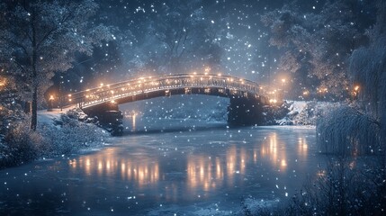 Canvas Print - Snow-covered bridge crossing a frozen river at night, with soft lights illuminating the path and reflecting on the icy water. 4K hyperrealistic photo.