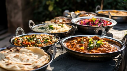 Poster - a close-up of indian food on a table, including a variety of curries, rice, and naan bread.