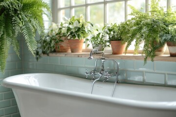 Wall Mural - Bathtub with Green Plants and Chrome Faucet