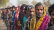 © Sasint - A long line of people waiting at a food distribution center, their faces weary and anxious, illustrating the desperation caused by food scarcity