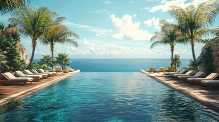 Wall Mural - Luxurious infinity pool overlooking a tropical ocean, with sun loungers and palm trees lining the deck. 4K hyperrealistic photo.