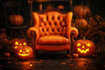 Wall Mural - Vintage Pumpkin-Shaped Armchair with Glowing Jack-O-Lanterns