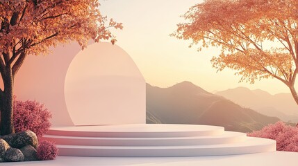 3D podium surrounded by scenic nature minimal design elegant lines gentle colors natural backdrop harmonious composition subtle details