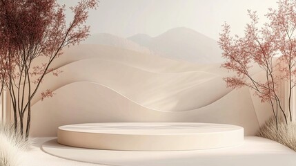 3D podium surrounded by scenic nature minimal design elegant lines gentle colors natural backdrop harmonious composition subtle details