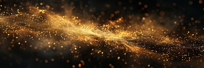 Abstract magic gold dust background over black. Beautiful golden art widescreen background