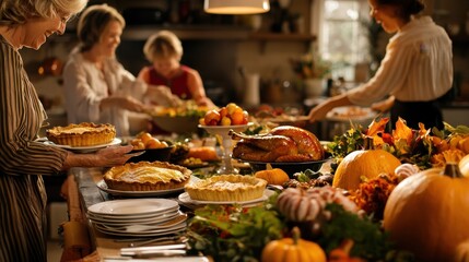 Thanksgiving family dinner preparation in a bustling kitchen, with adults and children working together to prepare pies, roast turkey, and set the table with fall-themed decorations. 50 keywords