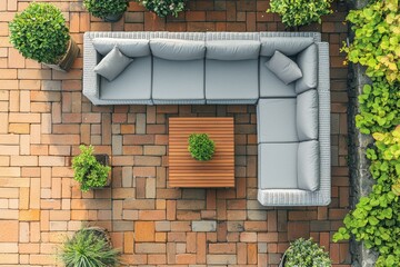 Wall Mural - On the garden tiles, a three-piece white and gray sofa with two tables made of metal can be seen in the yard and garden