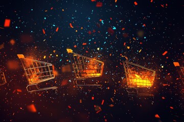 Exploding shopping carts with fiery particles and debris, representing the dangers and excess of consumerism and materialism