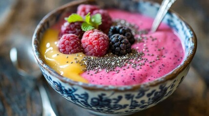 A colorful smoothie bowl topped with fresh berries, chia seeds, and a drizzle of honey,