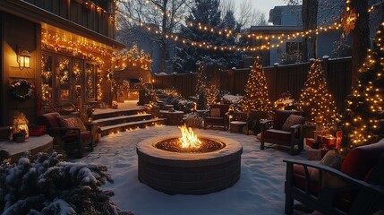 Wall Mural - Christmas lights illuminating a snowy backyard with a fire pit, outdoor seating, and festive decorations. 4K hyperrealistic photo.