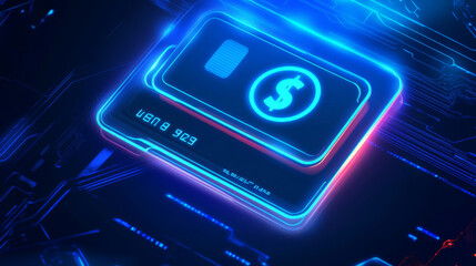 Abstract bank card featuring a neon swoosh with percentage and time icons, representing deposit or cash back concepts. Includes elements of digital money, online payment, and credit cards in light.