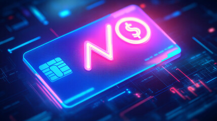 Abstract bank card featuring a neon swoosh with percentage and time icons, representing deposit or cash back concepts. Includes elements of digital money, online payment, and credit cards in light.