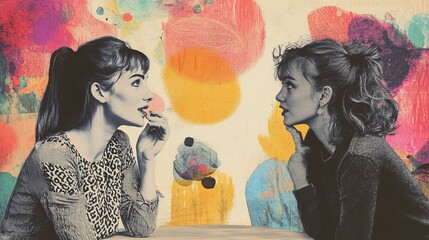 Collage sketch poster of two funny women chatting discussing empty space isolated on drawing background