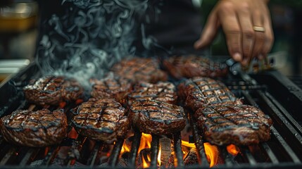 A close-up image of a person grilling meat steaks on a hot BBQ grill, with smoke rising and grill marks indicating the delicious and savory flavor that grilling imparts.