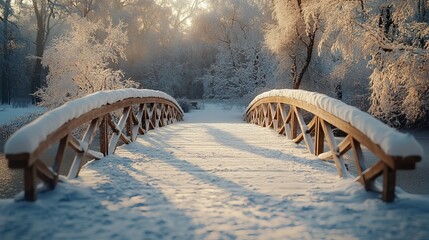 Wall Mural - Snow-covered bridge in a winter park, with a layer of frost on the railings and trees covered in snow, creating a peaceful winter scene. 4K hyperrealistic photo.