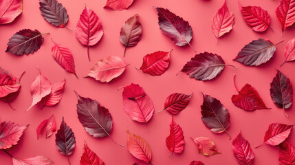 Small mint leaves on a red background. Texture for background, wallpaper, poster, banner, card. View from above.