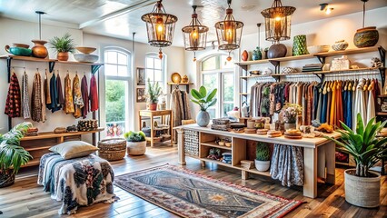 The image shows a brightly lit shop with various colorful clothing items hanging on racks. There are shelves filled with decorative pots, and wooden tables are scattered throughout the area. A textur