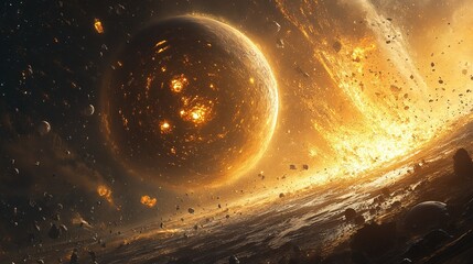 Wall Mural - A highly detailed image of a gas giant planet surrounded by various cosmic elements such as moons, space debris, and glowing phenomena, setting a rich celestial scene.