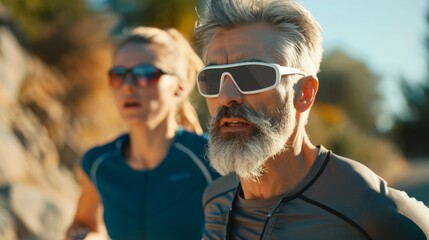 A group of athletes wearing sunglasses runs along a rocky trail at sunrise, showcasing determination and teamwork in a scenic outdoor setting