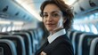 © anatolii - portrait of a tall latina air hostess that is around fifty years old; she is wearing an airline uniforn, she is working peacefuly, helping passengers in the central alley of an airplane