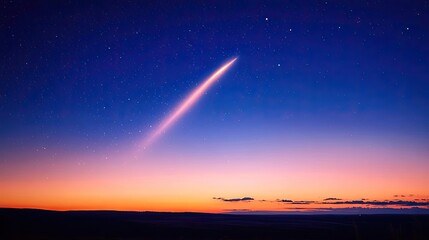 A stunning night sky showcasing a comet streaking across a vibrant sunset horizon, filled with stars.