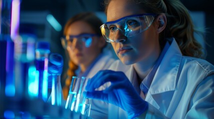 Two female scientists conducting research in a laboratory, focused on experiments with glass test tubes and colorful liquid in beakers during the evening hours