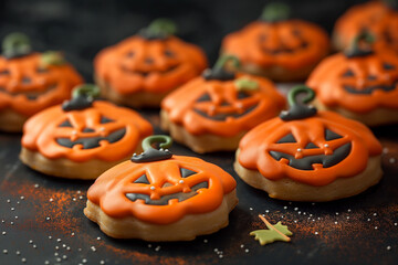 Wall Mural - A close-up view of a set of cute Halloween pumpkin biscuits arranged on a dark, moody background