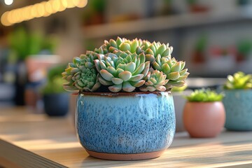 Wall Mural - Succulents in a Blue Pot on a Wooden Table