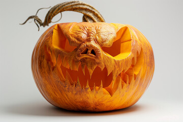 A highly detailed and realistic Halloween pumpkin resting on a pristine white background