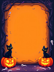 A Halloween-themed frame featuring two black cats sitting on glowing jack-o'-lanterns, surrounded by spooky elements like bones, bats, and cobwebs. Perfect for party invitations, holiday cards