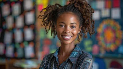 A joyful young woman with natural hair poses confidently in a vibrant classroom filled with colorful artwork. Generative AI