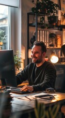 Poster - A man is sitting at a desk with a computer and smiling
