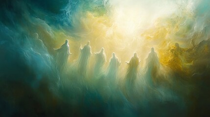 Wall Mural - ethereal figures emerging from luminous clouds during twilight, symbolizing spiritual journey and tr