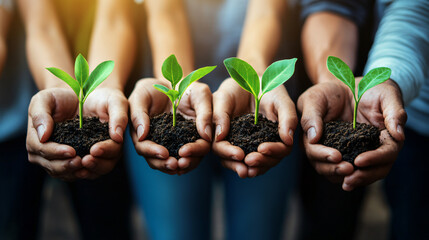 Wall Mural - Farmers unite to create a sustainable future while nurturing small green plants in their hands