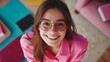 © Sanych - Top view photo of lucky cheerful lady wear pink shirt successful education modern device indoors room home house