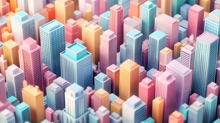 An isometric cityscape showcasing vibrant buildings from an aerial view, featuring geometric shapes and pastel colors, creating a detailed urban visualization with a clean design.