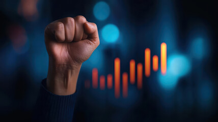 A clenched fist with upward trending graphs, representing strength in strategic business growth and impactful decisions