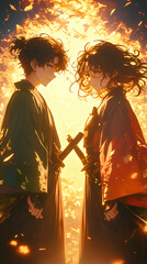 Wall Mural - Anime boy and girl in samurai uniform style in Vertical background