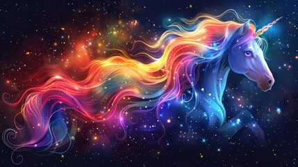 a vibrant unicorn gallops through a galaxy filled with colorful stars and cosmic splendor at twiligh