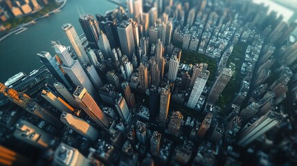 Sticker - Aerial perspective of a dense urban area with skyscrapers, bridges, and parks, creating a complex, layered cityscape. 4K hyperrealistic photo.