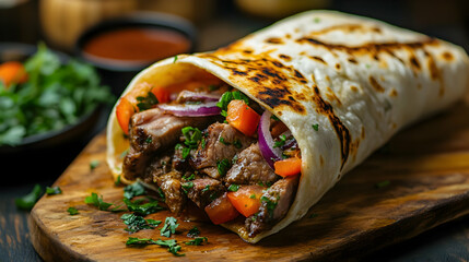 Gyros shawarma kebab wrap with juicy meat and flavorful sauce