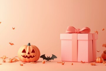 Wall Mural - Festive Halloween and Christmas scene with gift box, pumpkin, and decorations