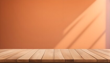 Wall Mural - Empty Wooden table with shadow soft orange wall. Generative ai