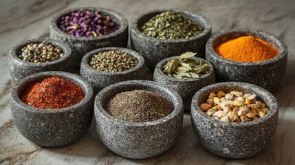 A collection of stone bowls filled with exotic spices, highlighting the beauty and diversity of world cuisine