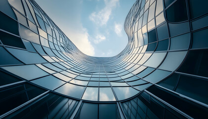 Wall Mural - Low angle view of futuristic architecture, Skyscraper of office building with curve glass window, --ar 7:4