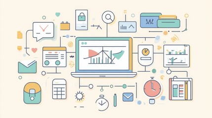 Fototapete - Colorful digital dashboard with various icons representing data analysis and productivity tools in a creative workspace