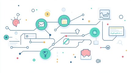 Fototapete - Visual representation of digital communication pathways with icons signifying data exchange and interaction elements