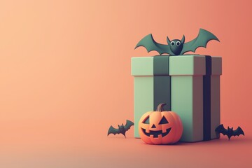 Wall Mural - Festive Halloween decor with carved pumpkin, bats, and gift box on orange background