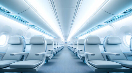 Rows of empty seats in a futuristic airplane interior, bright lighting and modern design in white and blue tones, perfect for travel advertisements, with a banner